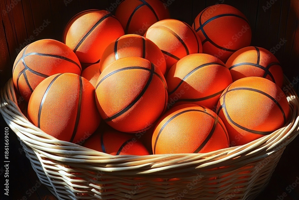 Obraz premium Basket filled with multiple orange basketballs tightly packed together under warm lighting