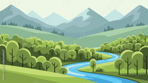 Minimalist Mountain River Landscape Illustration