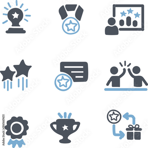 Reward icon set. Containing award, prize, medal, gift, trophy, badge, points, achievement, certificate and more. Solid vector icons collection. 