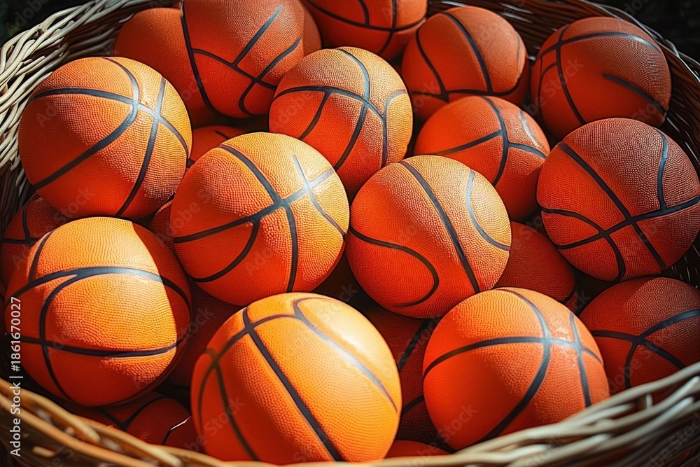 Obraz premium A basket filled with multiple orange basketballs closely packed together under sunlight