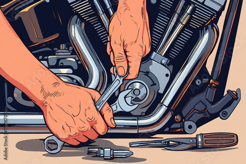 Mechanic's hands diligently working on a motorcycle engine with essential tools