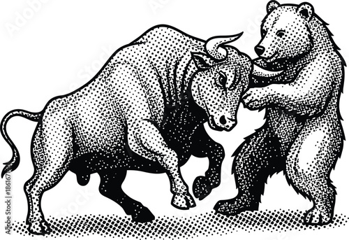 Bull and Bear Market Stock Exchange Battle Halftone Vector Illustration Black and White