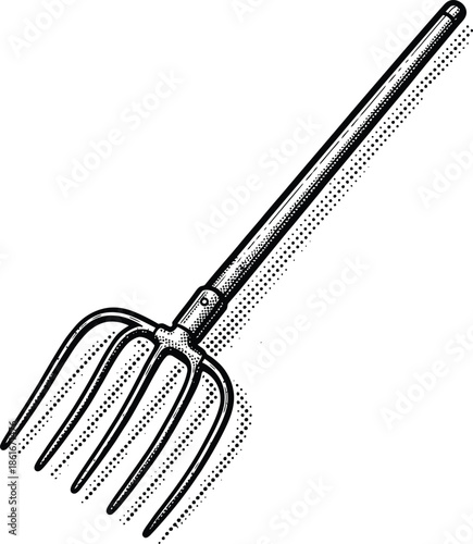Vintage Pitchfork Engraving Farming Tool Vector with Halftone Shading Black and White