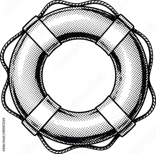 Nautical Safety Lifebuoy Engraving Black and White Vector Illustration