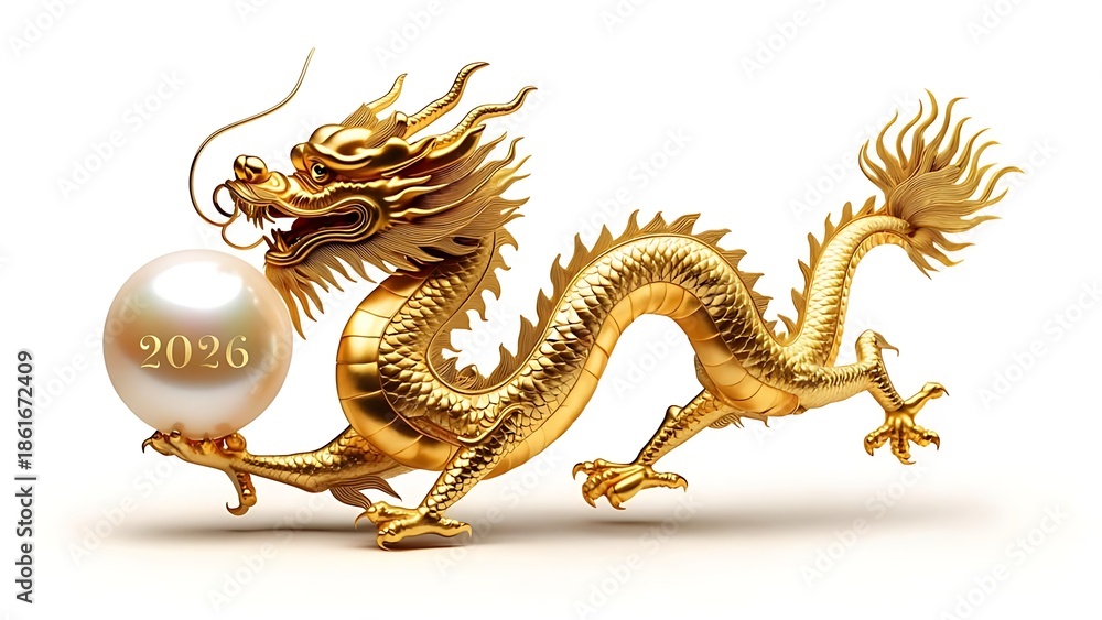 Fototapeta premium A golden, ornate dragon is rendered in 3D, holding a pearl with 