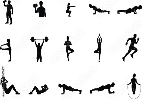 A collection of 13 black silhouettes depicting various fitness exercises and workout poses for strength training and flexibility