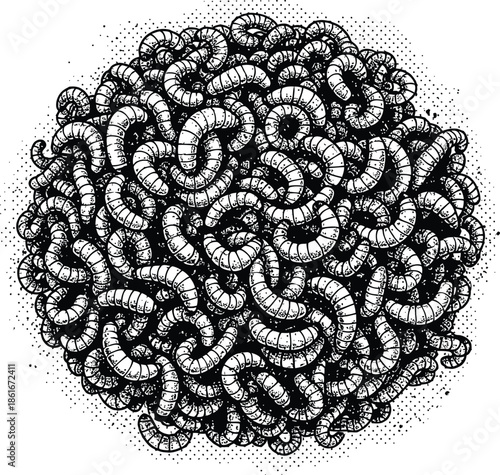 Detailed Grunge Ball of Worms Engraving Style Vector Illustration Creepy Black and White Larvae Mass Stippling Texture