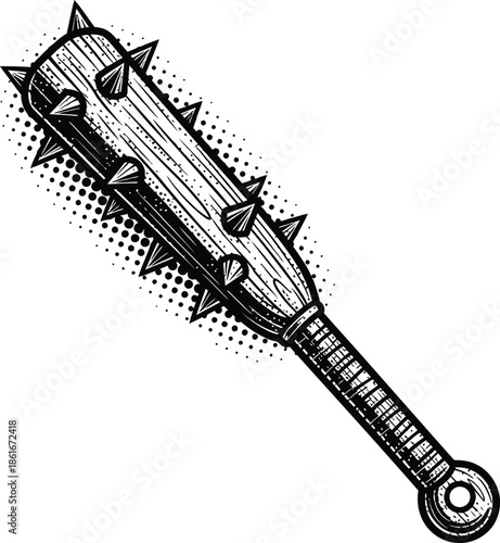 Black and white spiked baseball bat weapon in grunge vintage comic style illustration with halftone dots