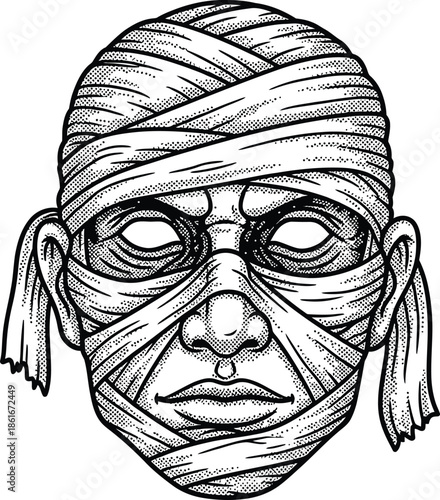 Black and White Halftone Shading Mummy Head Vector Illustration Halloween Ancient Egypt Horror Character