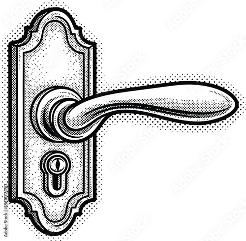 Vintage Engraved Door Handle and Keyhole Vector Illustration with Halftone Shading