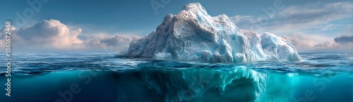 Ultra wide conceptual iceberg background underwater split view blue ocean tones climate change symbolism clean minimal stock banner