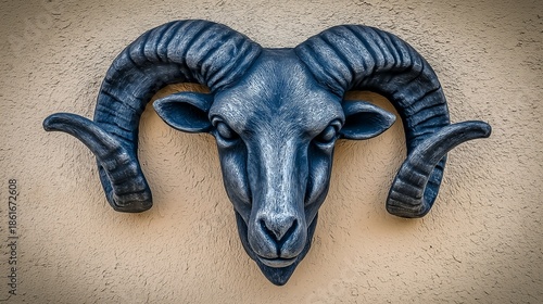 Textured Ram Sculpture on Stucco Wall