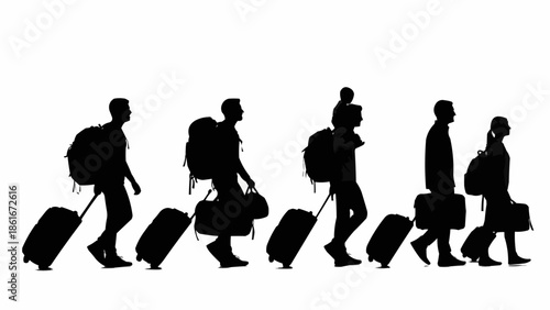 Silhouettes of people with luggage walking in a line.