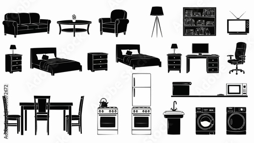 Silhouettes of various household furniture and appliances for home interior design.