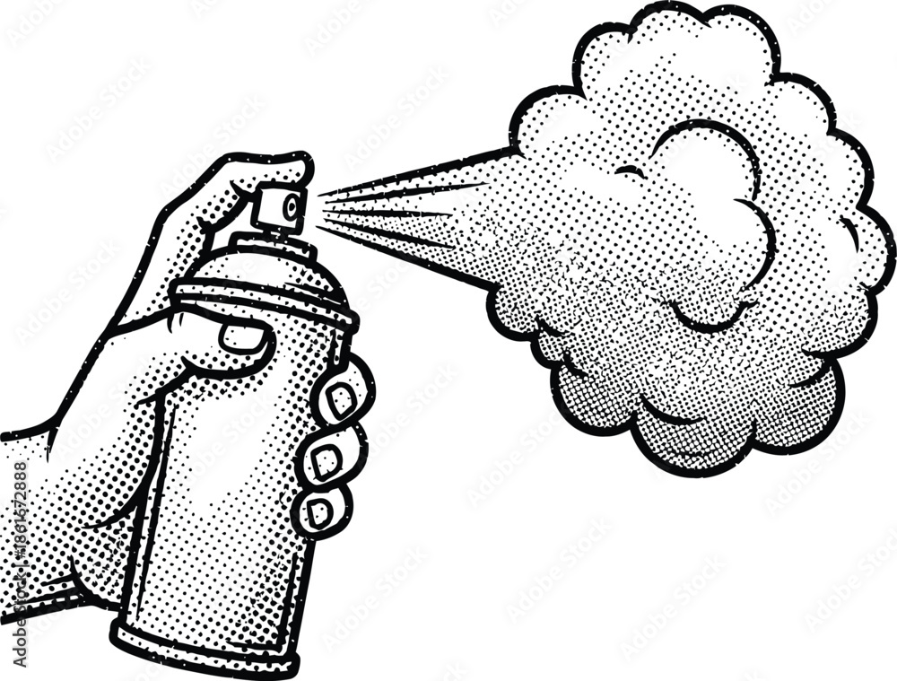 Fototapeta premium Hand Holding Spray Can Releasing Mist in Retro Halftone Comic Book Style Black and White Vector Illustration