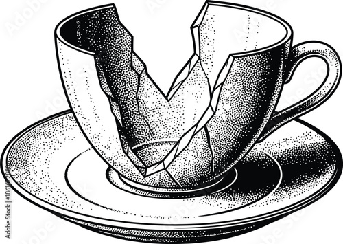 Broken teacup and saucer illustration in vintage woodcut and stippling style Black and White vector graphic