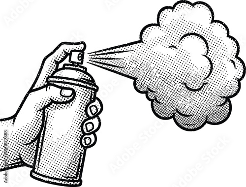Hand Holding Spray Can Releasing Mist in Retro Halftone Comic Book Style Black and White Vector Illustration