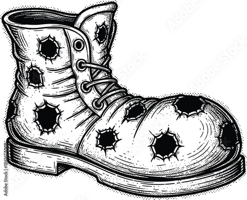 Grungy single boot with multiple bullet holes black and white hand drawn vector illustration