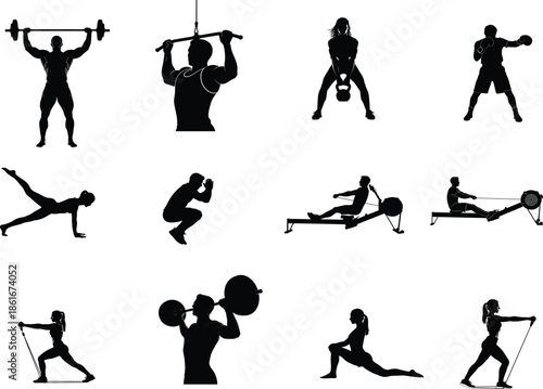 A collection of black silhouette icons depicting various fitness exercises and activities for a healthy lifestyle