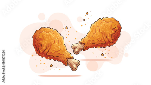 Two crispy fried chicken drumsticks with breading crumbs floating around are isolated on a white background with abstract shapes.