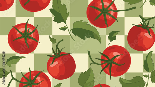 Seamless pattern featuring ripe red tomatoes and green leaves on a light green and cream checkerboard background for textile design.