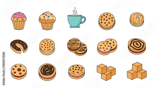 Large set of various cookies, muffins, chocolate treats, and sugar cubes with a blue coffee cup isolated on a white background.
