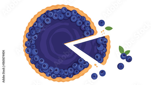 Overhead view of a delicious blueberry tart with a buttery crust and a separate slice, surrounded by fresh berries and leaves.