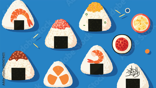 Selection of various onigiri rice balls with different toppings like shrimp and roe arranged artistically on a blue background.