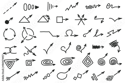 Various hand drawn doodle arrows and shapes isolated on white background with diverse styles and indications