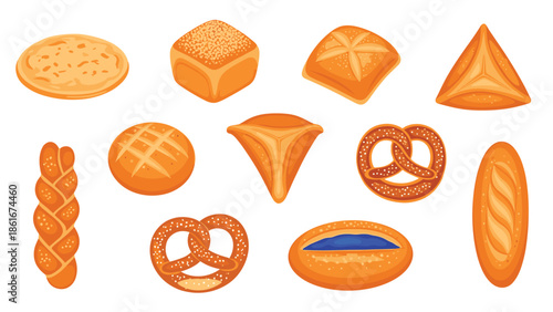 Assortment of fresh bakery products including buns, pretzels, baguettes, and filled pastries isolated on a white background.