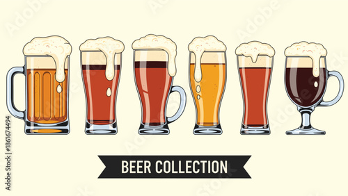 Set of six different types of beer glasses with foam and varied colors, labeled as a beer collection on a light background.