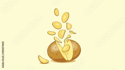 Dynamic illustration of potato slices popping out of a cut whole potato on a light yellow background for snack branding.