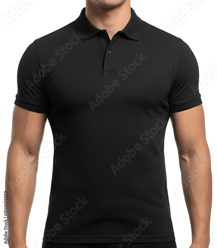 Headless muscular male model wearing a plain black polo t-shirt, minimalist fashion mockup on white background.
