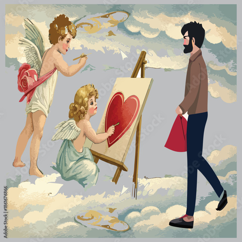 Two cupids painting a red heart on an easel for a man cherub
