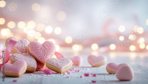 キラキラとしたガーリーな雰囲気のハートクッキーと白いコピースペース / Girly sparkling heart cookies with stylish copy space
