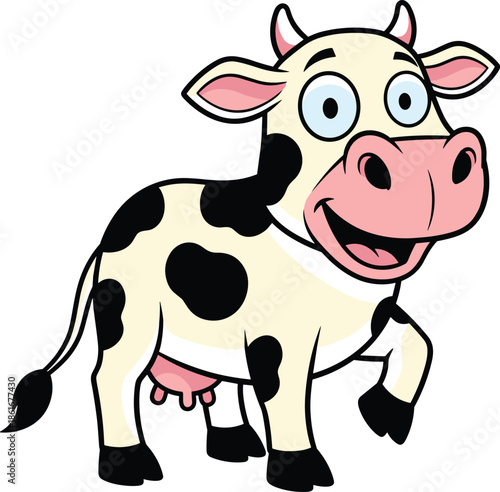 Happy cute cow cartoon character smiling and walking isolated on white background, vector illustration for dairy farm kids nursery stickers