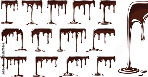 Liquid chocolate dripping and melting drips collection, set of brown cocoa sauce splashes, isolated sweet food dessert vector icons illustration