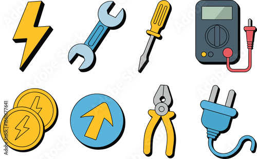 Cartoon electrical tools and equipment icons set, electrician symbols collection, power energy, repair and maintenance illustration vector