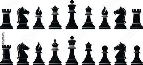 Set of black chess piece silhouettes including king queen rook bishop knight and pawn, strategy game icons isolated on white