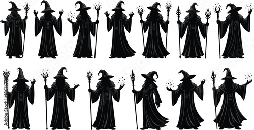 Set of black wizard silhouettes with magical staffs, fantasy sorcerer character collection for gaming and mythical design, isolated vector icons