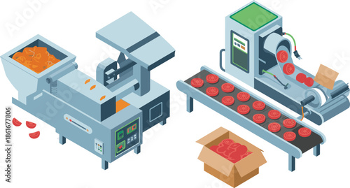 Isometric food processing production line with automated machines and conveyor belt, tomato factory, industrial manufacturing, packaging illustration