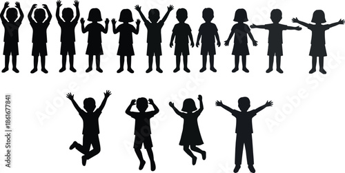Set of children silhouettes jumping and standing with arms up, happy kids group collection, isolated vector icons on white background
