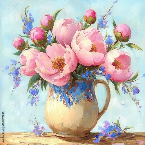 Soft pastel bouquet of pink peonies and small blue wildflowers in a cream ceramic pitcher on a wooden table, evoking gentle romantic serenity