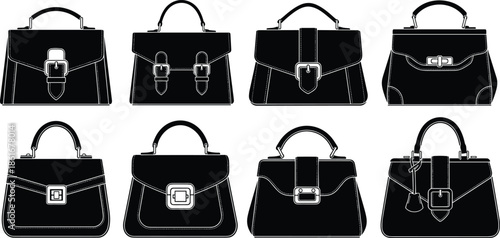 Set of elegant women handbag silhouettes, fashion accessory collection with various buckle designs, isolated black vector icons on white background