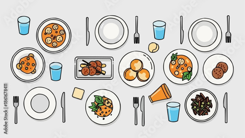 Top view of a table setting with various delicious food dishes.