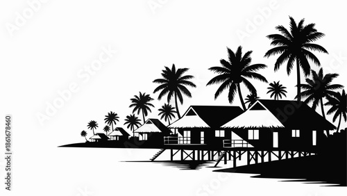 Tropical Beach Bungalows Silhouette with Palm Trees.