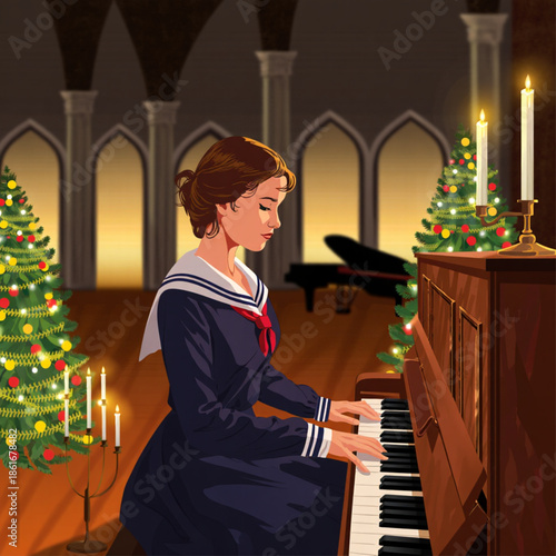 A young woman in a sailor dress playing the piano during a festive christmas evening concert