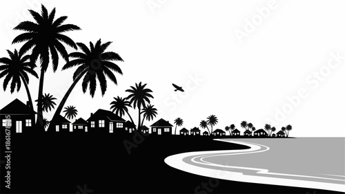 Tropical beach resort with palm trees and bungalows silhouette.