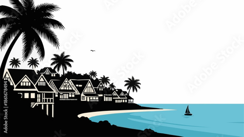 Tropical beach resort with palm trees and ocean view.