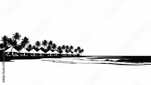 Tropical Beach Resort With Palm Trees And Ocean Waves.